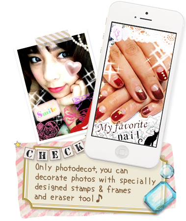 photodeco+, you can decorate photos with specially designed stamps & frames and eraser tool♪
